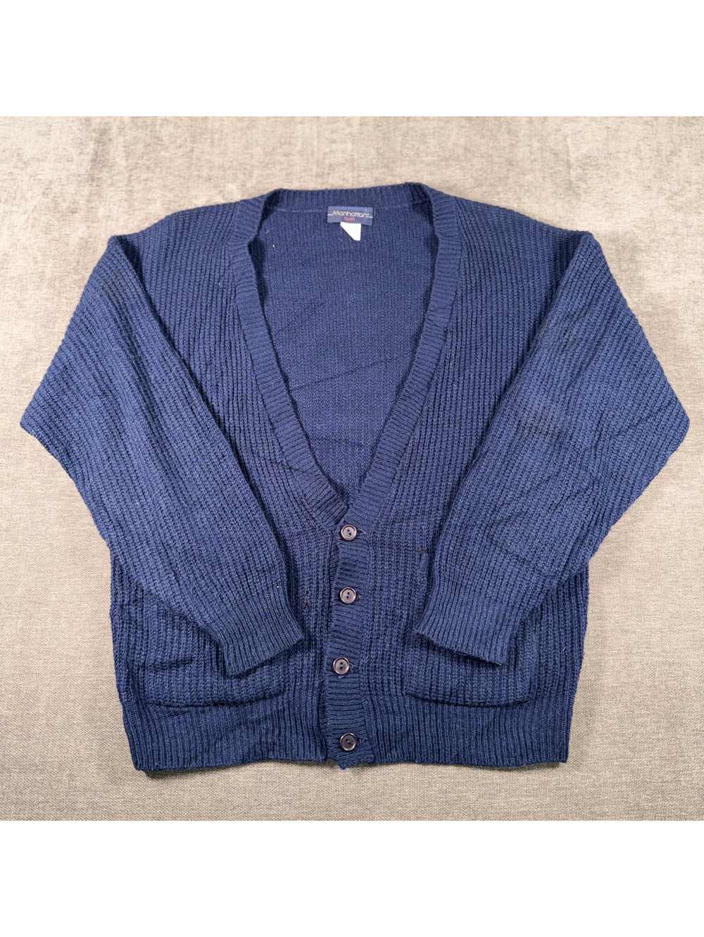 Manhattan Sport Navy Blue Acrylic Knit Cardigan Sweater Size L